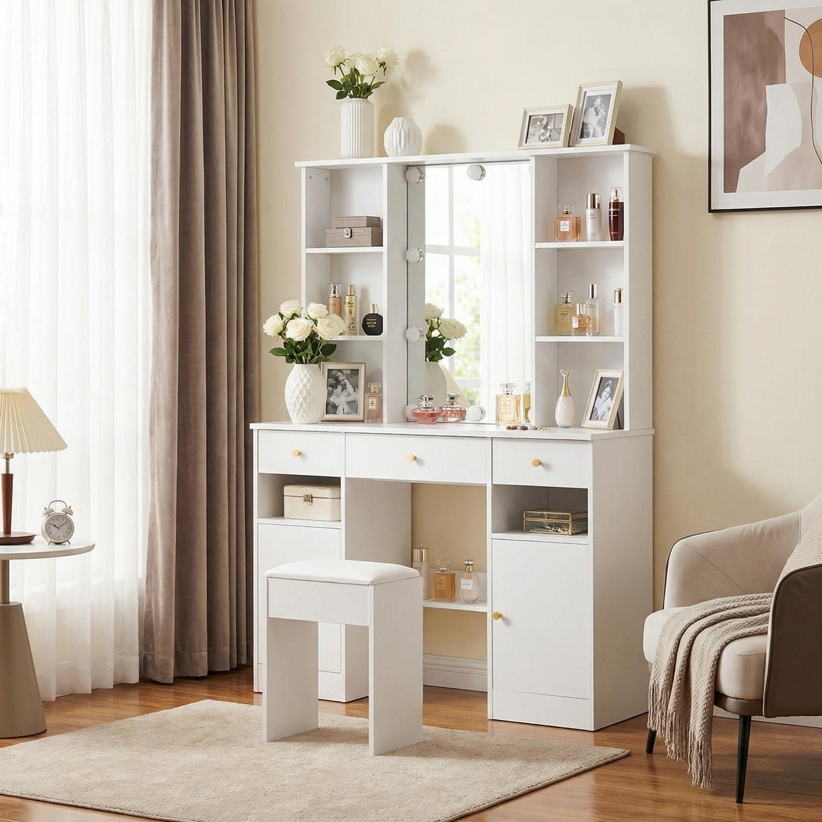 SCHMINKTISCH in Weiß mit Hollywood-LED & Spiegel - Weiß, Holzwerkstoff (110/151/40cm) - Urban Meuble