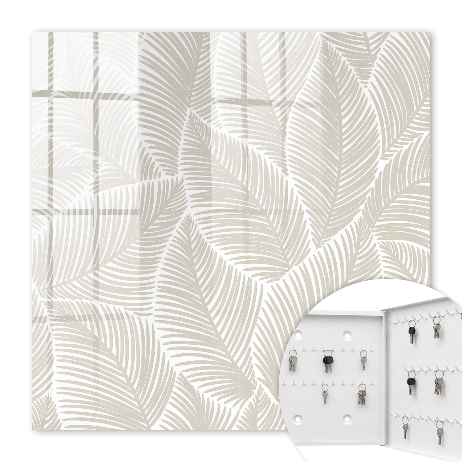 SCHLÜSSELBOX Weiß 30x30 cm – Türöffnung nach rechts - Friedliche Blätter - Beige, Metall (30/30/5cm) - TULUP