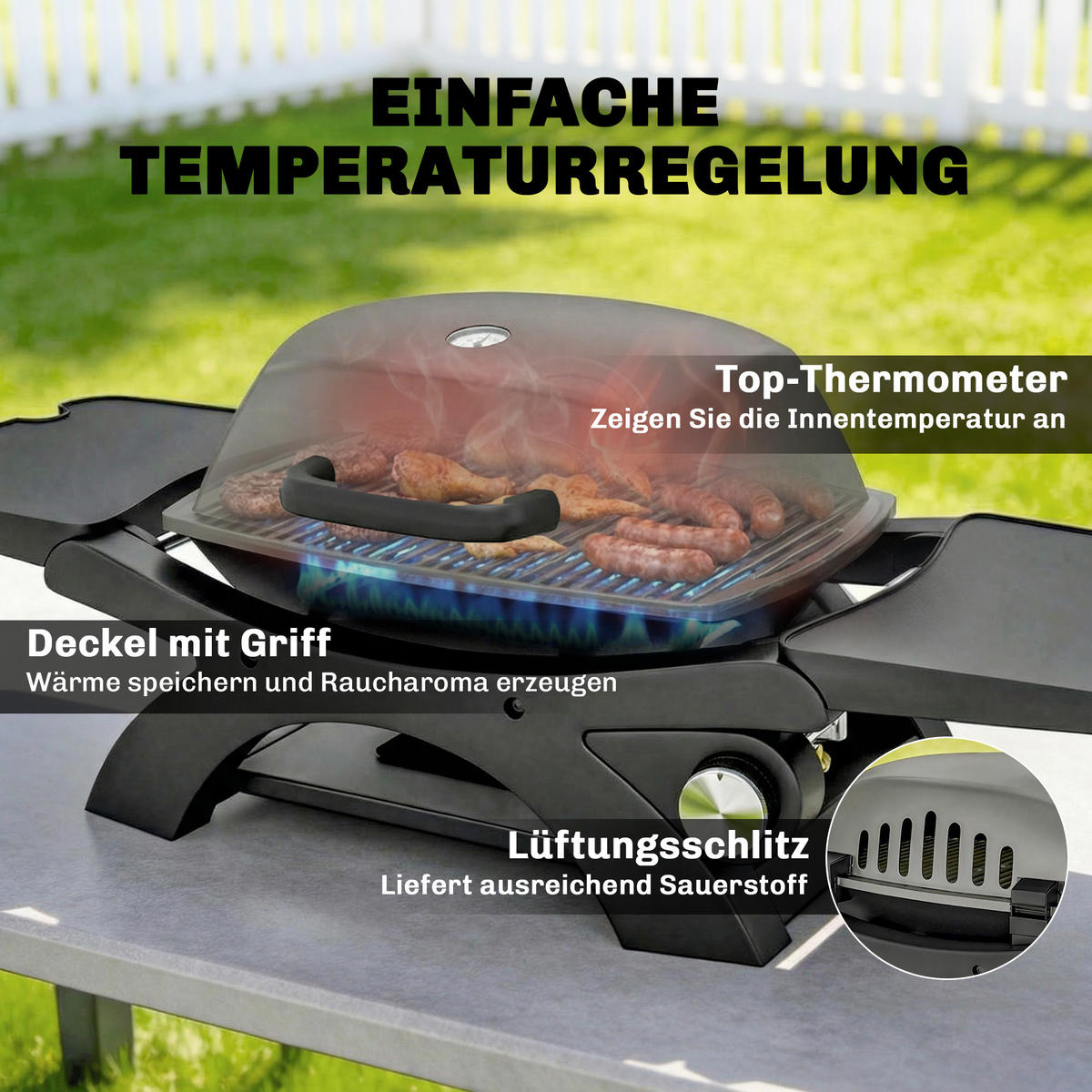 GASGRILL Stahl Schwarz - Schwarz, Kunststoff/Metall (48/38/102cm) - Outsunny