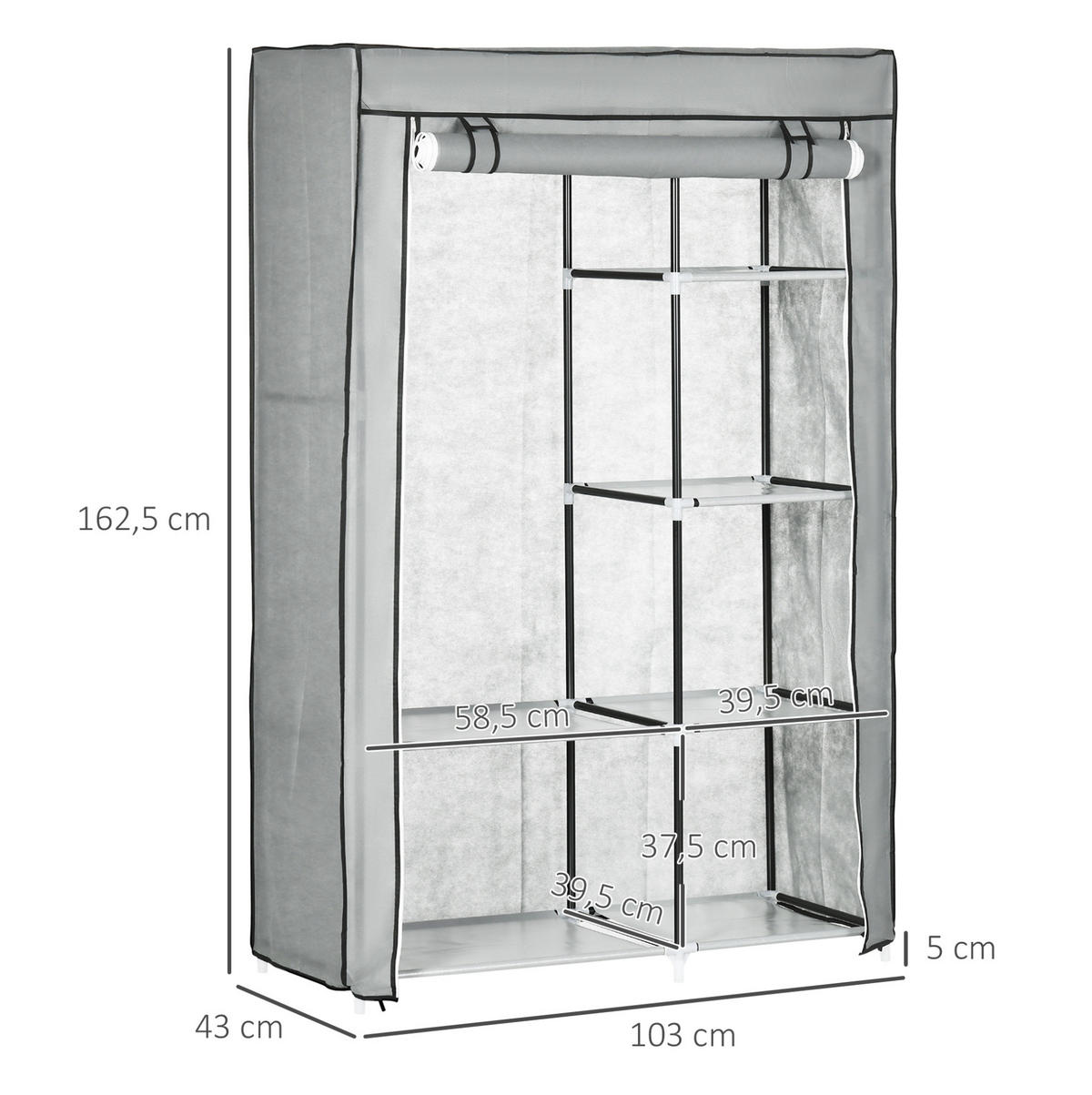 KLEIDERSCHRANK aus Stoff 103/43/162,5 cm in Grau mit 6 Fächern und Kleiderstange - Grau, Textil (103/162.5/43cm) - BEAOK