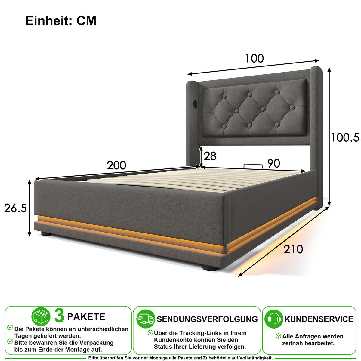 POLSTERBETT 90/200 cm in Grau mit Bettkasten, LED, USB und Matratze - Grau, Holzwerkstoff/Textil (90/200cm) - CHICFURN