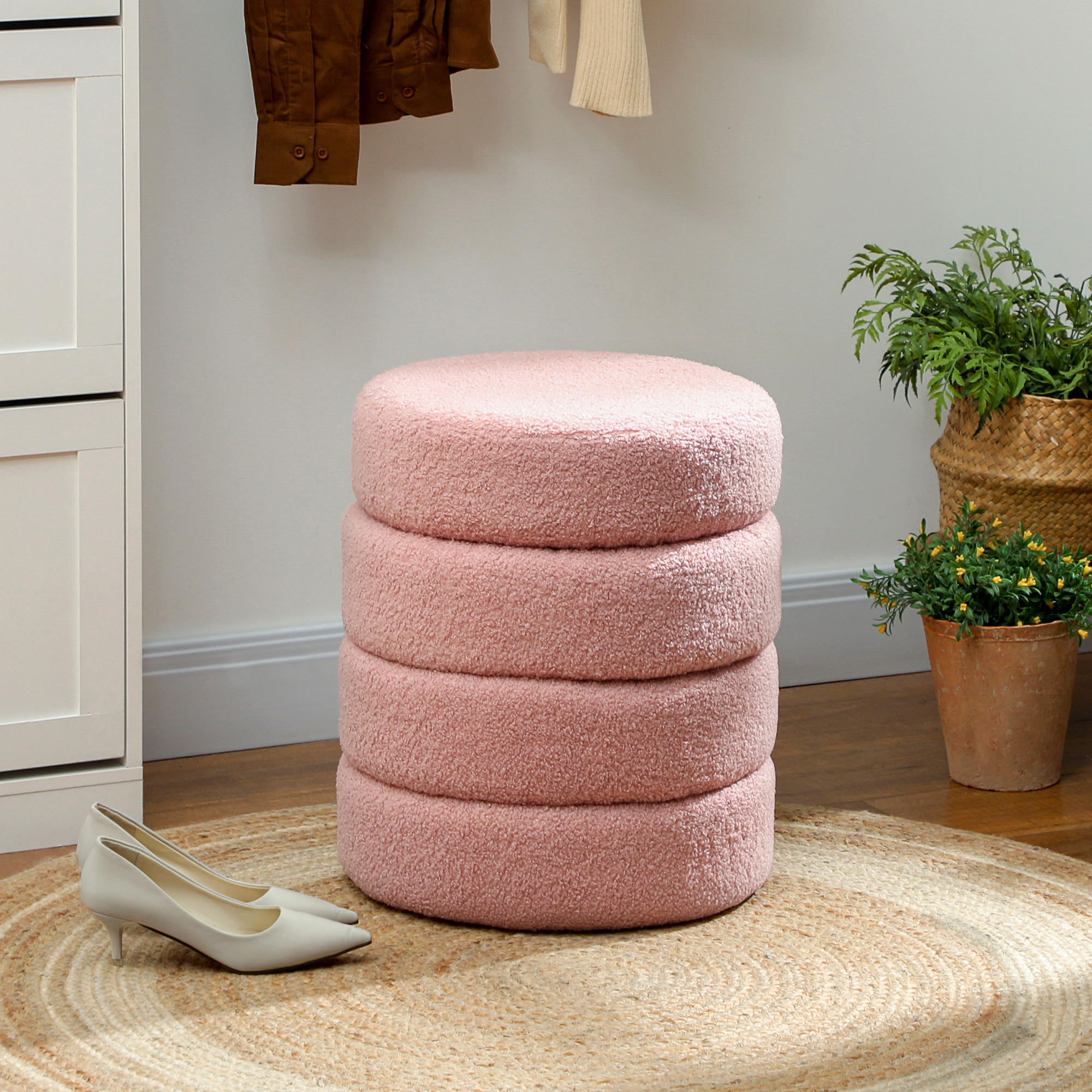 SITZHOCKER, Fußhocker, Runder Polsterhocker, Fußstütze mit Sitzkissen - Rosa/Naturfarben, Holz/Textil (40/45/40cm) - HOMCOM