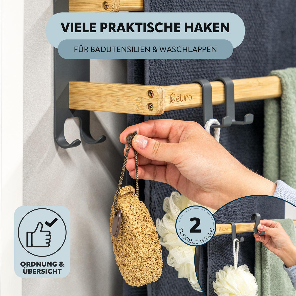 HANDTUCHHALTER, Metall grau mit Bambus - Grau, Holz (64.5/18/12cm) - eluno