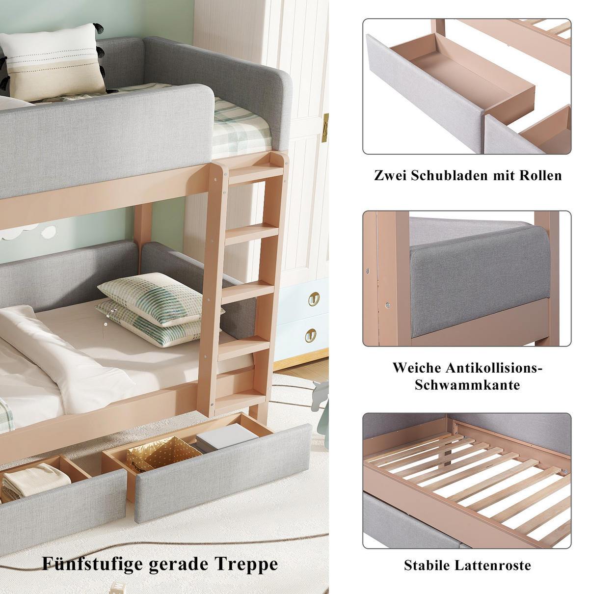 ETAGENBETT aus Kautschukholz und MDF 90x200 cm Grau/Natur mit Treppe und 2 Schubladen - Grau, Holzwerkstoff (90/200cm) - IVMEU