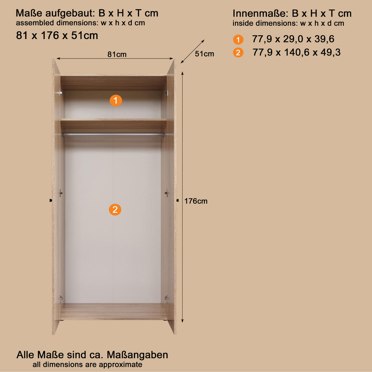 KLEIDERSCHRANK Eiche Sonoma hell 81 x 176 cm, Drehtürenschrank 2-türig - Schwarz/Sonoma Eiche, Holzwerkstoff/Kunststoff (81/176/51cm) - Top.Furn