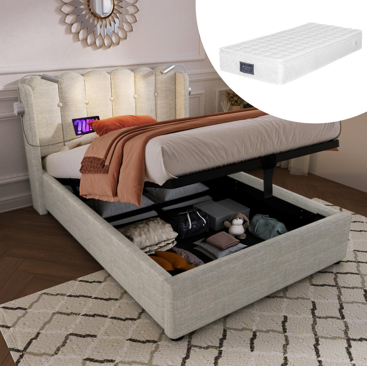 POLSTERBETT 90/200 cm Beige aus Leinen mit USB und Leselicht - Beige, Textil (90/200cm) - OKMYHOME