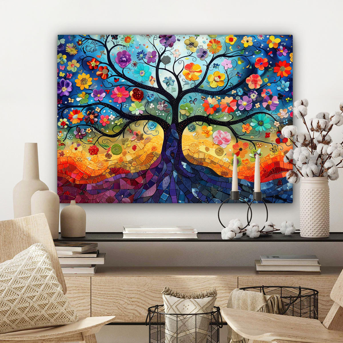 OBRAZ NA PLÁTNĚ Umění - Strom života - Květiny - Hippie 80x60 cm - tmavě modrá, textil (80/60cm) - MuchoWow