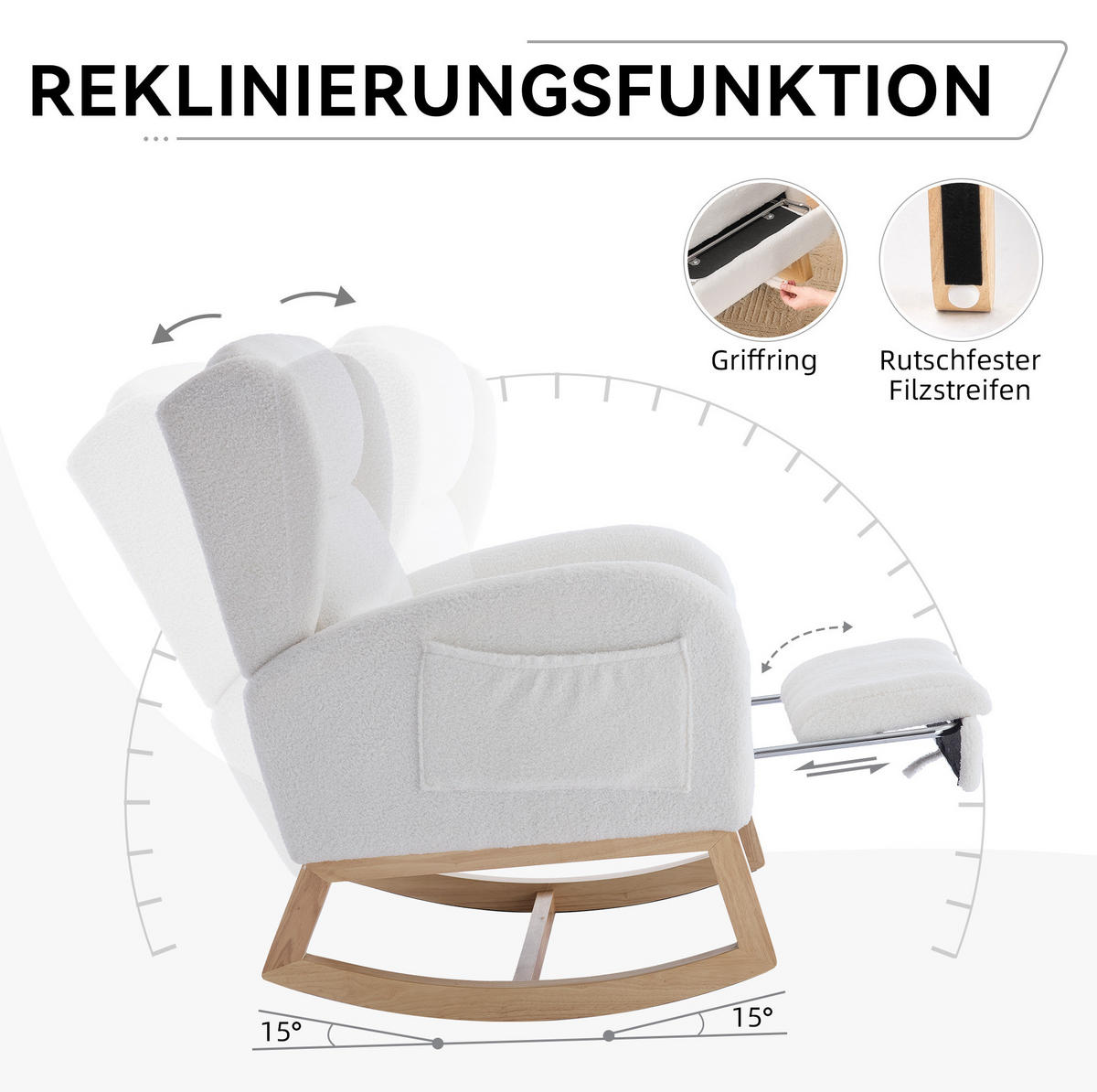 SCHAUKELSTUHL Teddy-Stoff mit ausziehbarer Fußstütze und Tasche 122.5/70/104 cm Weiß - Weiß, Textil (70/104/122.5cm) - Redom
