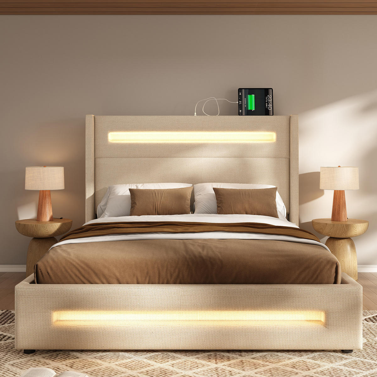 POLSTERBETT 140/200 cm Beige mit LED und Stauraum-Funktion Mit Matratze - Beige, Textil (140/200cm) - OKWISH