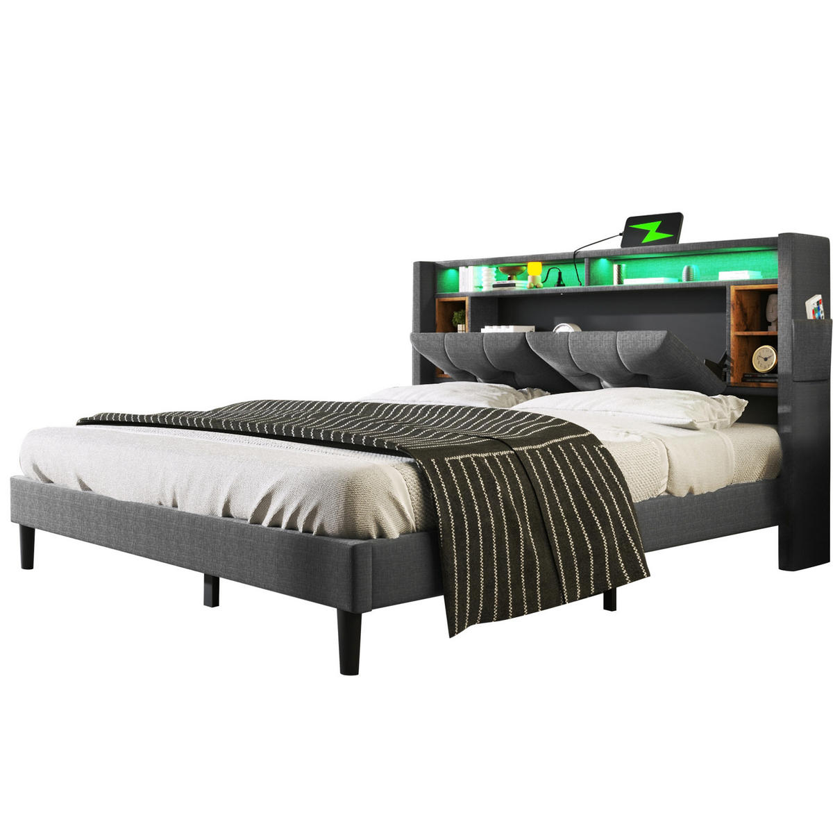 TAPECIRANI krevet 160/200 cm sivi od masivnog drva s LED rasvjetom, USB priključcima i uzglavljem za pohranu - siva, drvo (160/200cm) - OKWISH