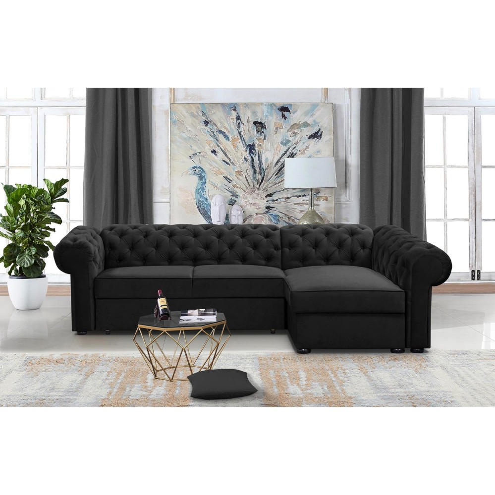 ECKSCHLAFSOFA Chester im Chesterfield-Stil, Schwarz, rechts - Schwarz, Textil (278/173cm) - Beautysofa