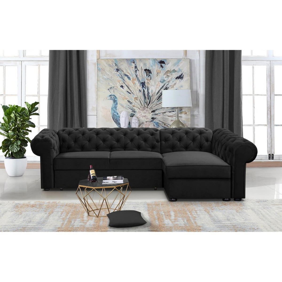 ECKSCHLAFSOFA Chester im Chesterfield-Stil, Schwarz, rechts - Schwarz, Textil (278/173cm) - Beautysofa