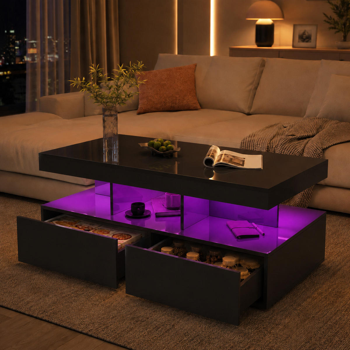 COUCHTISCH mit LED-Beleuchtung und Stauraum, elegantes Design - Schwarz, Holz (104/53/46cm) - Joyfair