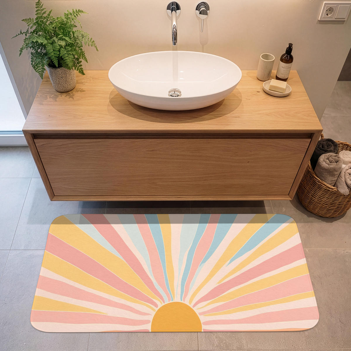 BADEMATTE Illustration - Sonne - Pastellfarben 120x60 cm - Pastellblau, Kunststoff/Textil (120/60cm)
