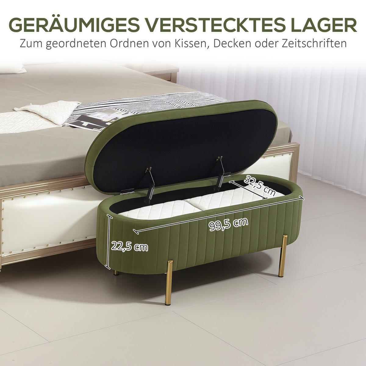 SITZBANK mit Stauraum Polsterbank mit Samtoptik, Metallbeine, Grün - Goldfarben/Grün, Textil/Metall (44/43.5/108cm) - HOMCOM