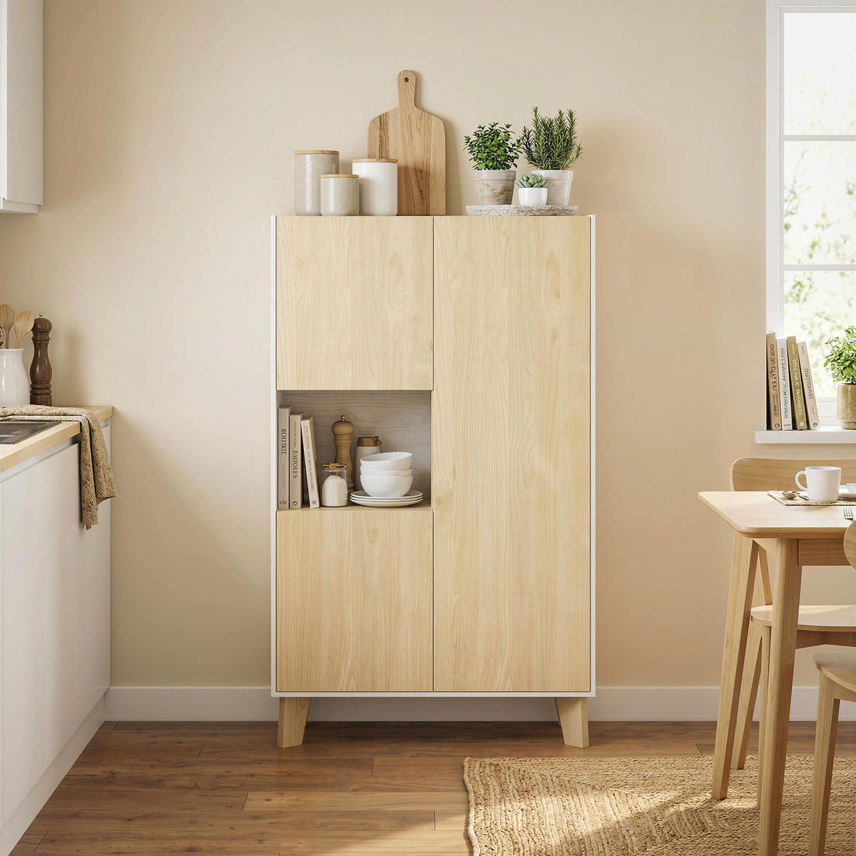 SIDEBOARD DE-11334 6 Fächer, Soft-Close & offenes Fach Weiß/Naturholz - Naturfarben, Holzwerkstoff (80/135/40cm) - ComfortXL