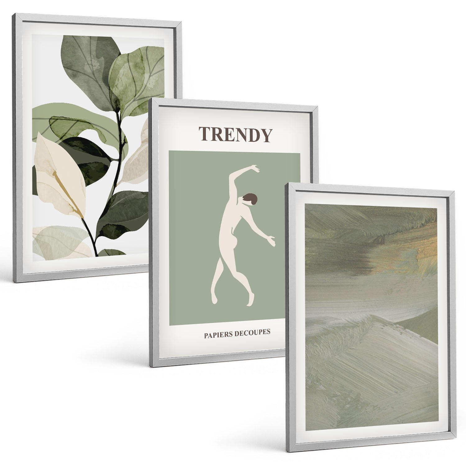 BILDER SET 3er Set - 40x60 cm Silberner Rahmen - Abstrakte Pflanzensilhouettenmuster - Silberfarben, Kunststoff (40/60cm) - TULUP