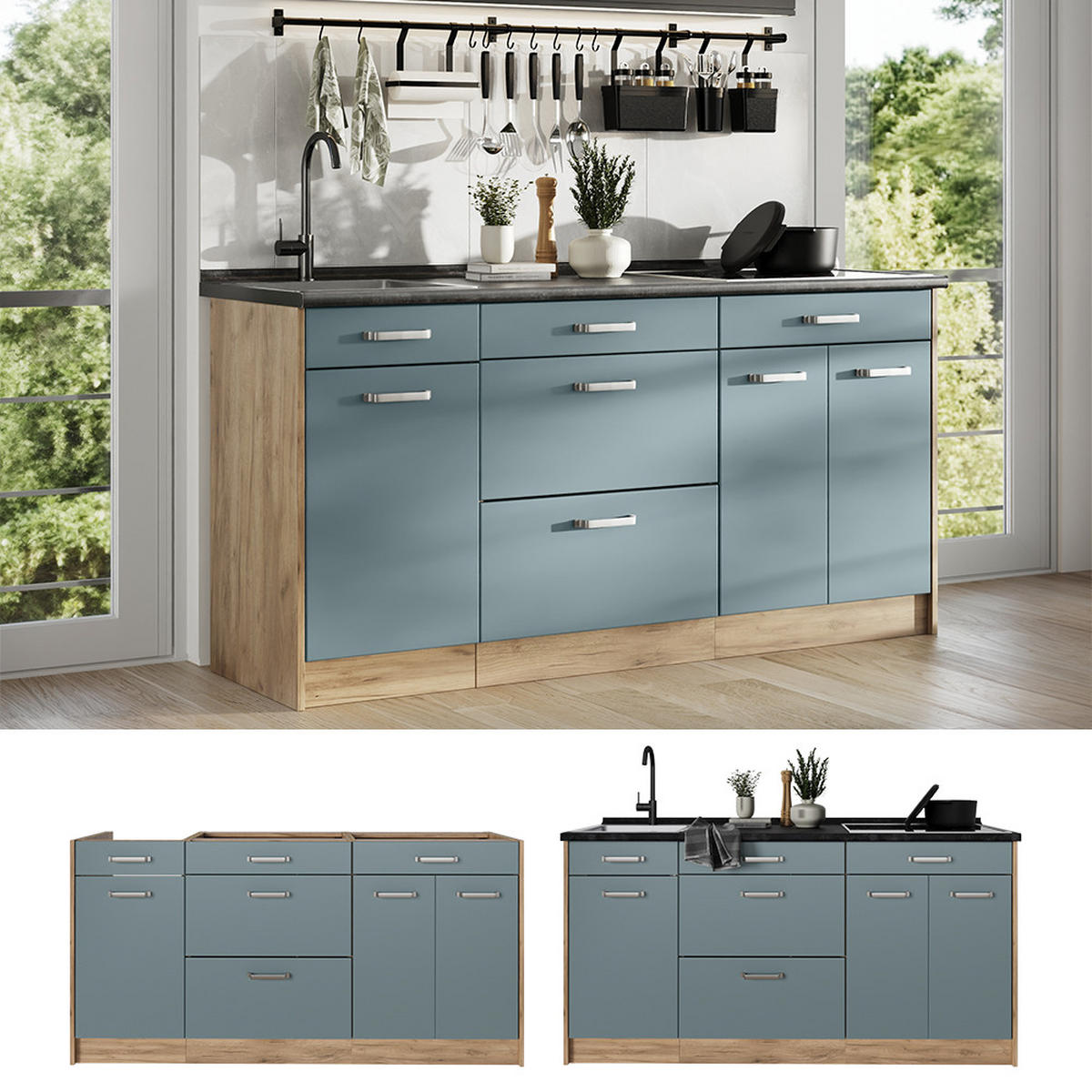 KÜCHENBLOCK R-Line, Blau-Grau/Goldkraft Eiche, 160 cm Arbeitsplatte Anthrazit - Honigeiche/Blaugrau, Holzwerkstoff (160/81.6/60cm) - Vicco