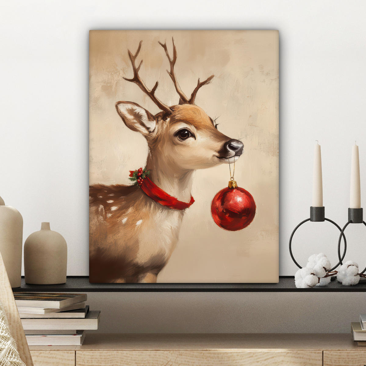 LEINWANDBILD Weihnachten - Hirsch - Geweih - Weihnachtskugel - Rentier Room Decor 30x40 cm - Hellbraun, Textil (30/40cm) - MuchoWow