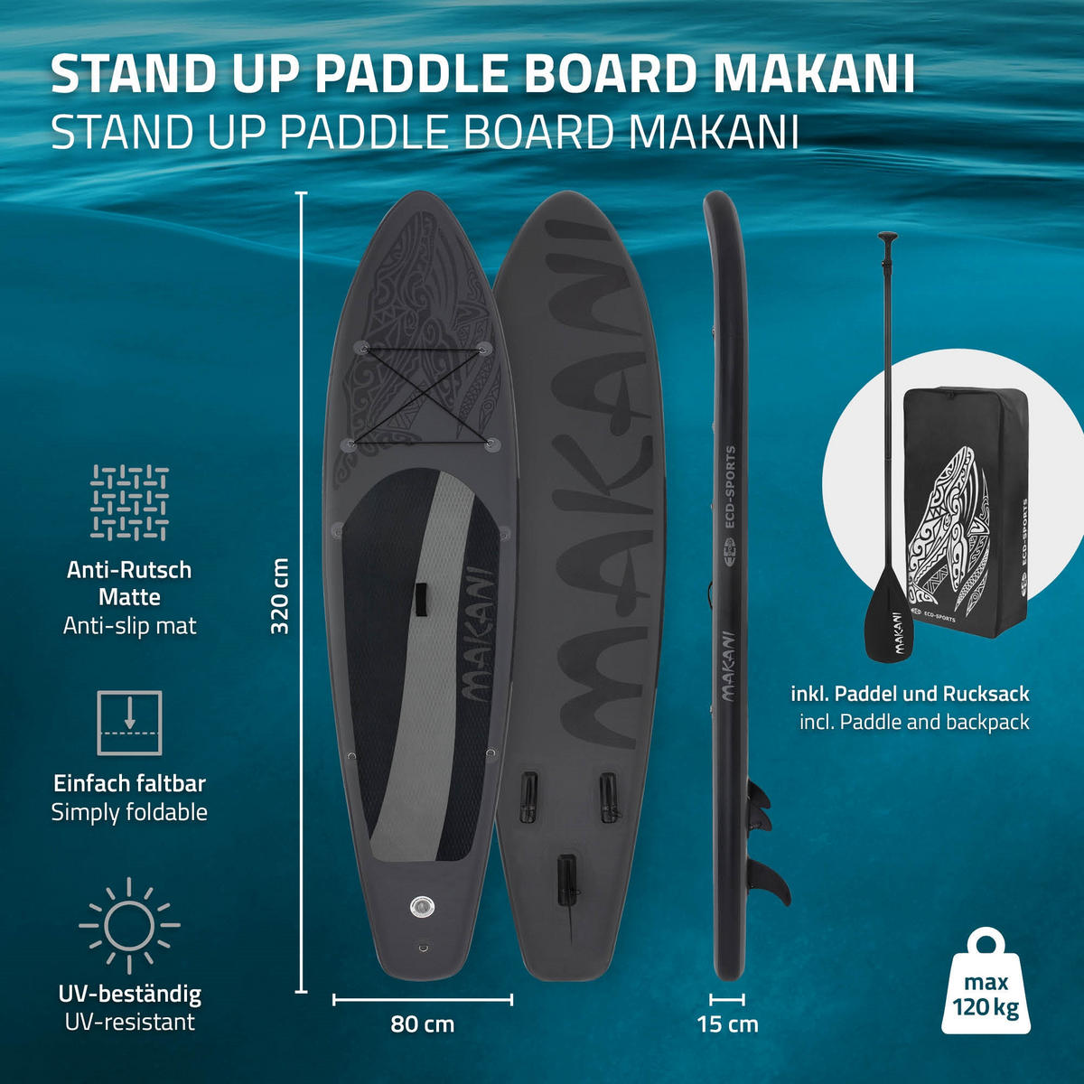 STAND UP PADDLE BOARD Makani Schwarz - Schwarz, Kunststoff (320/80/15cm) - ECD-Germany
