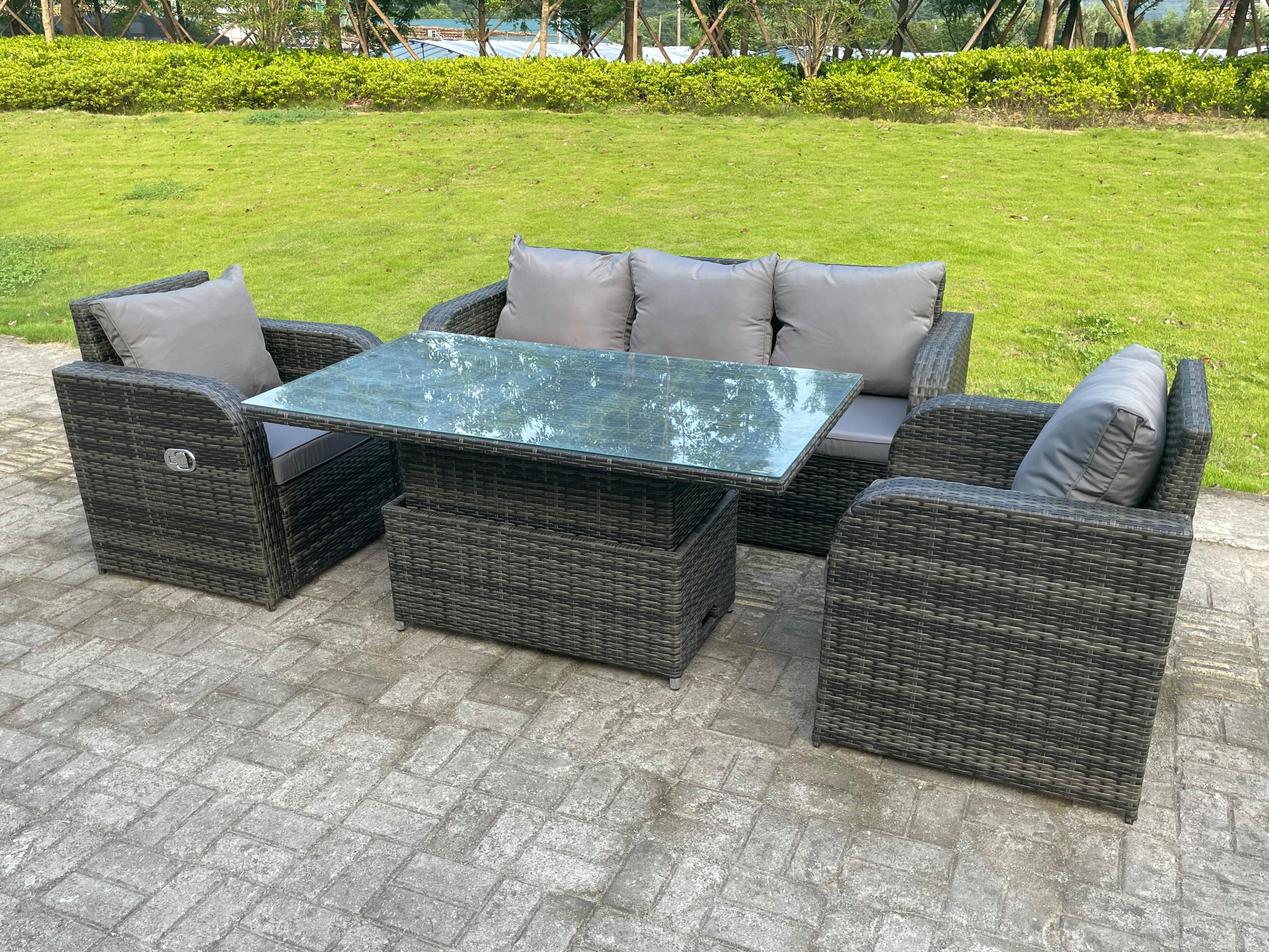 GARTENMÖBELSET Polyrattan 5-Sitzer - Dunkelgrau/Grau, Glas/Kunststoff - Fimous