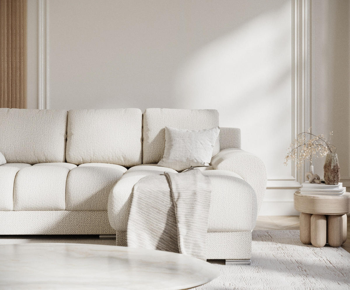 ECKSOFA MIT SCHLAFFUNKTION Peebles Creme Chenille-Stoff - Chromfarben/Creme, Holz/Holzwerkstoff (256/175cm) - Maison de Reve
