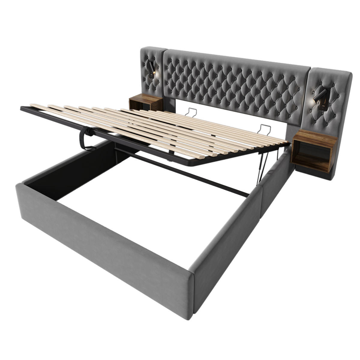 POLSTERBETT 180/200 cm Grau Hydraulisch Stauraumbett mit 2 Nachttischen - Grau, Textil (180/200cm) - OKWISH