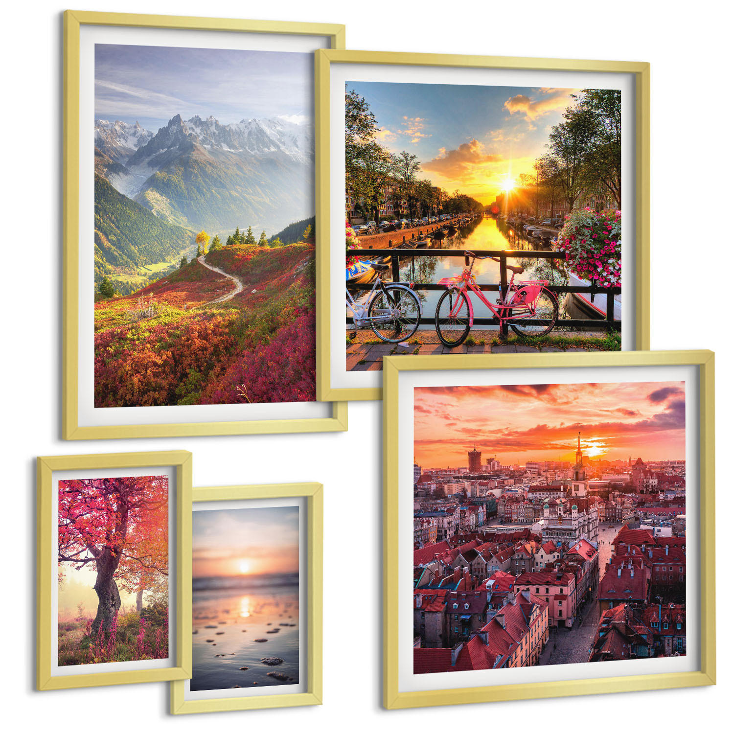 BILDER SET 5er Set - 50x50 cm & 20x30 cm & 40x60 cm Goldrahmen - Einfache Zeichnungen von Stadtansichten - Goldfarben, Kunststoff (40/60cm) - TULUP