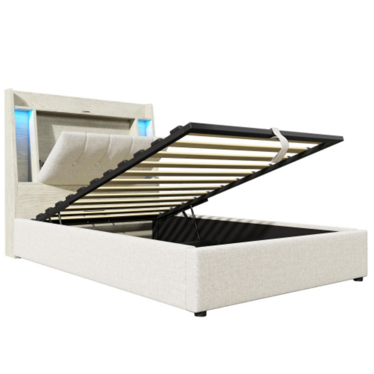 POLSTERBETT 90 × 200 cm mit Leinenbezug, Klapp-Staufach, beidseitiger LED-Leiste und USB/Typ-C Ladeanschluss, beige - Beige, Textil (90/200cm) - Luhomfu