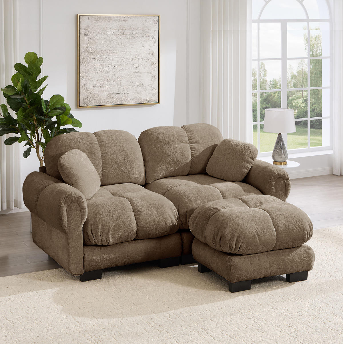 SOFA aus Chenille Braun mit mobilem Hocker - Braun, Holz (149/190cm) - Meubliv