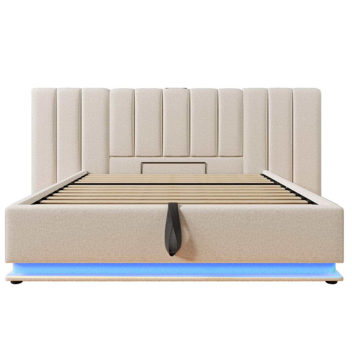 OBLAZINJENA postelja 180/200 cm z LED osvetlitvijo, USB-C in hidravličnim predalom, Bež - bež, tekstil (180/200cm) - Redom