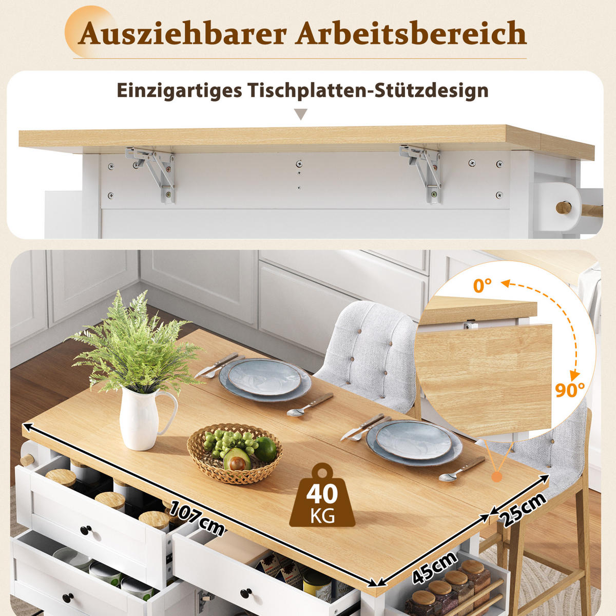 KÜCHENINSEL mit ausziehbarer Arbeitsplatte 107 x 45-70 x 90,5 cm Weiß - Weiß, Holz (45/90.5/107cm) - Beauniv