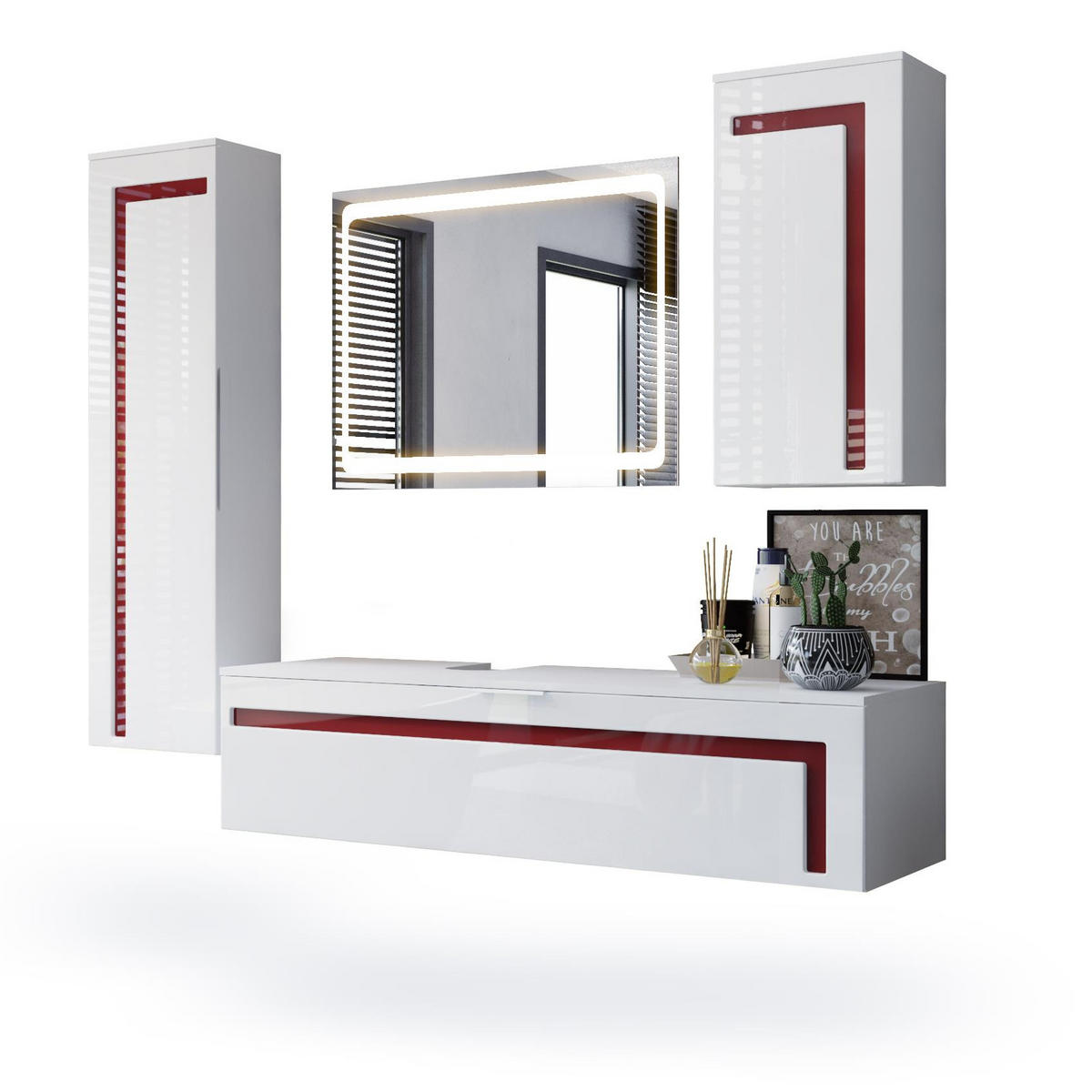 BADMÖBELSET Aloha Absetzungen in Bordeaux Hochglanz - Bordeaux, Holzwerkstoff (210/185/51cm) - Vladon