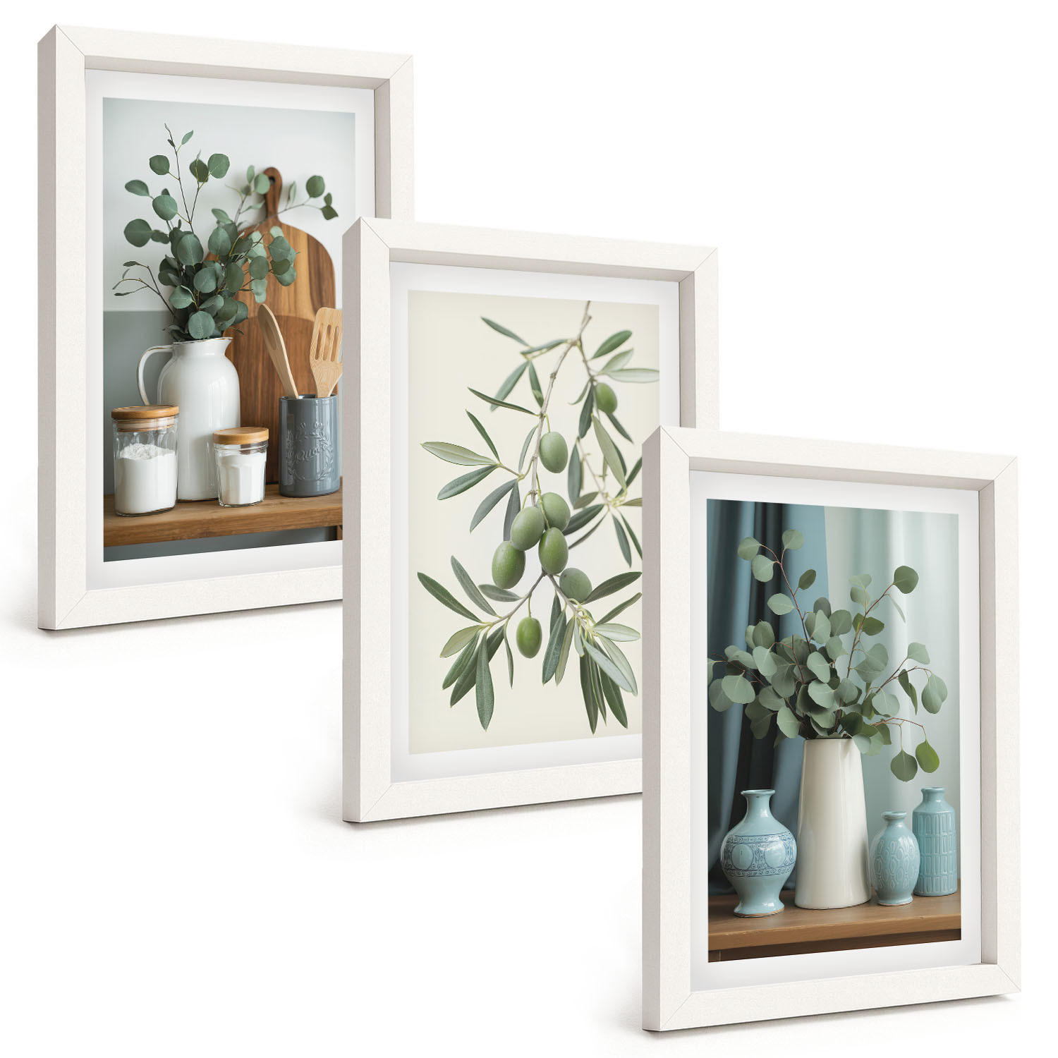 BILDER SET 3er Set - 20x30 cm Weißer Rahmen - Grüne Oliven, Eukalyptus - Weiß, Kunststoff (20/30cm) - TULUP