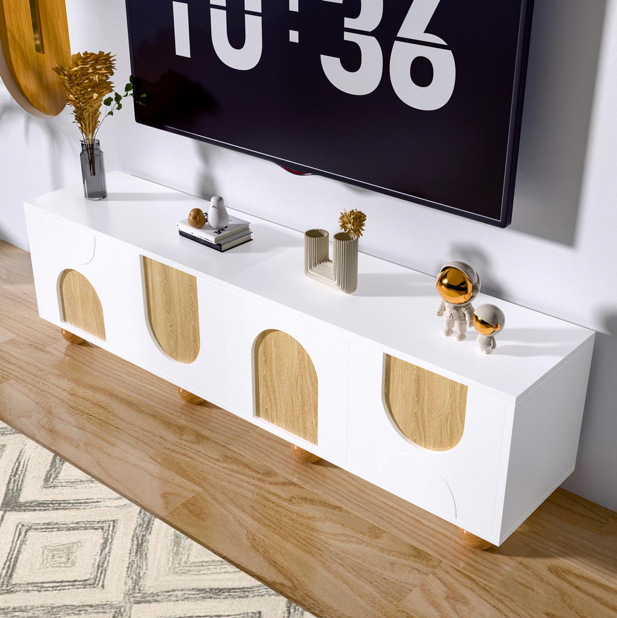 TV-SCHRANK in Natur/Weiß mit 4 Türen und Holzbeinen 175/38/50 cm - Weiß, Holzwerkstoff (175/50/38cm) - Redom
