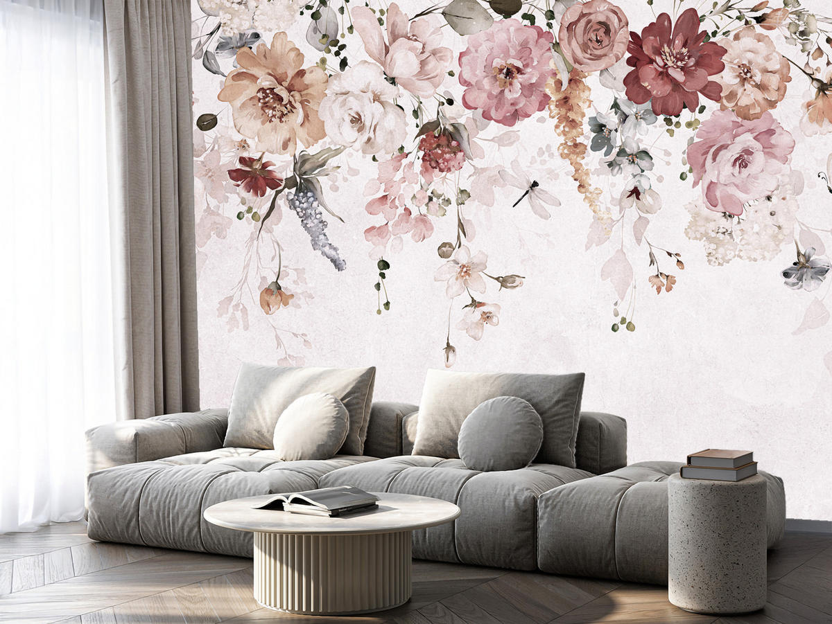 FOTOTAPETE für Schlafzimmer Aquarell Bunte Blumen Ranken Blätter 400x280 - Rot/Rosa, Papier (400/280cm) - Muralo