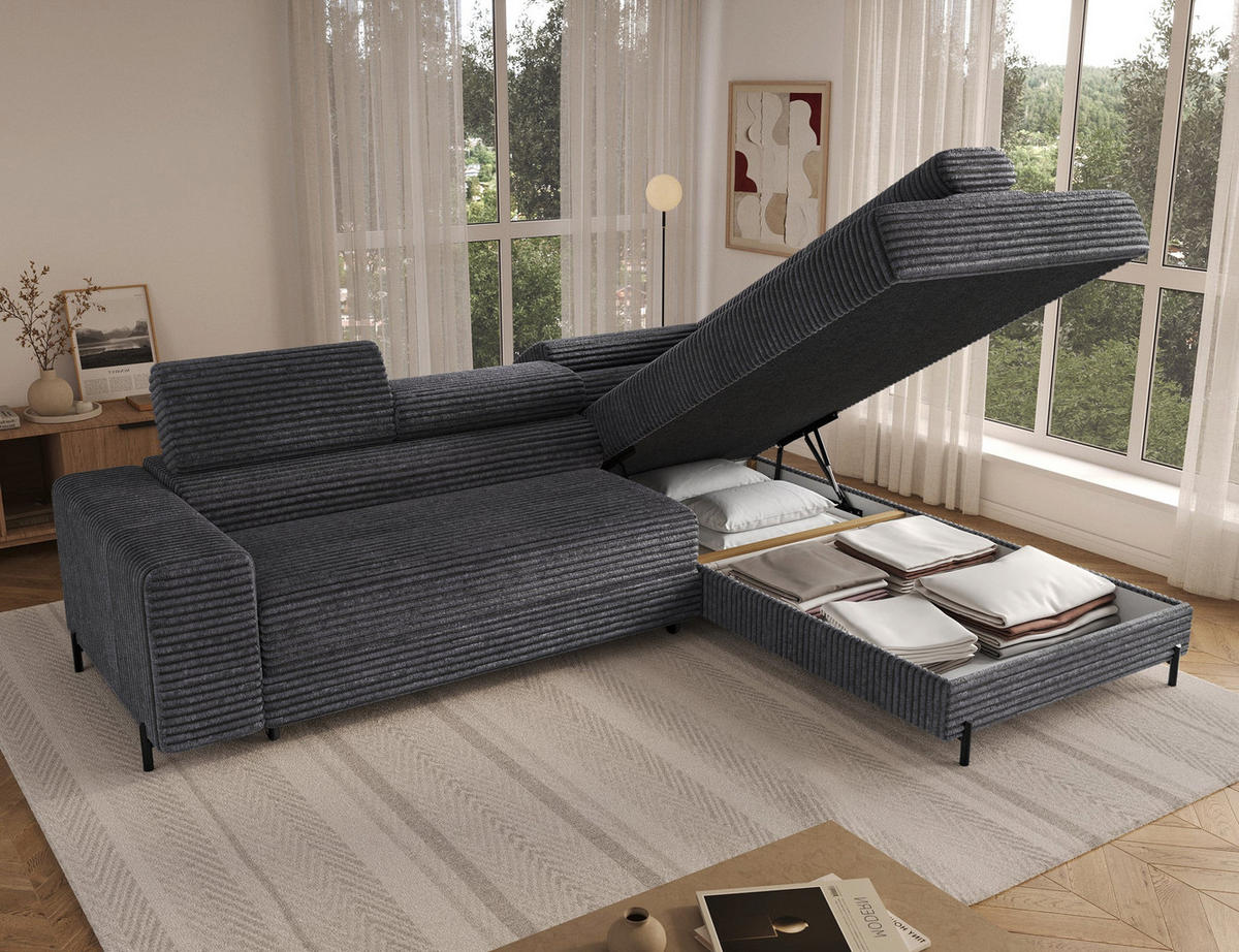 ECKSOFA COLESIO L-Form, Schlaffunktion, Bettkasten, verstellbare Kopfstützen, Wellenfederung, Metallfüße, breiter Cordstoff - Anthrazit/Schwarz, Kunststoff/Metall (204/269cm) - Wohnideebilder
