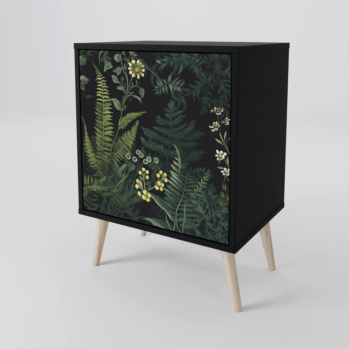 SIDEBOARD FERN FLOWERS, Schwarz, 57,5x42x72,5 cm, Schwarze Metallfüße - Multicolor/Schwarz, Holzwerkstoff/Metall (57.5/72.5/42cm) - SpaceRebels