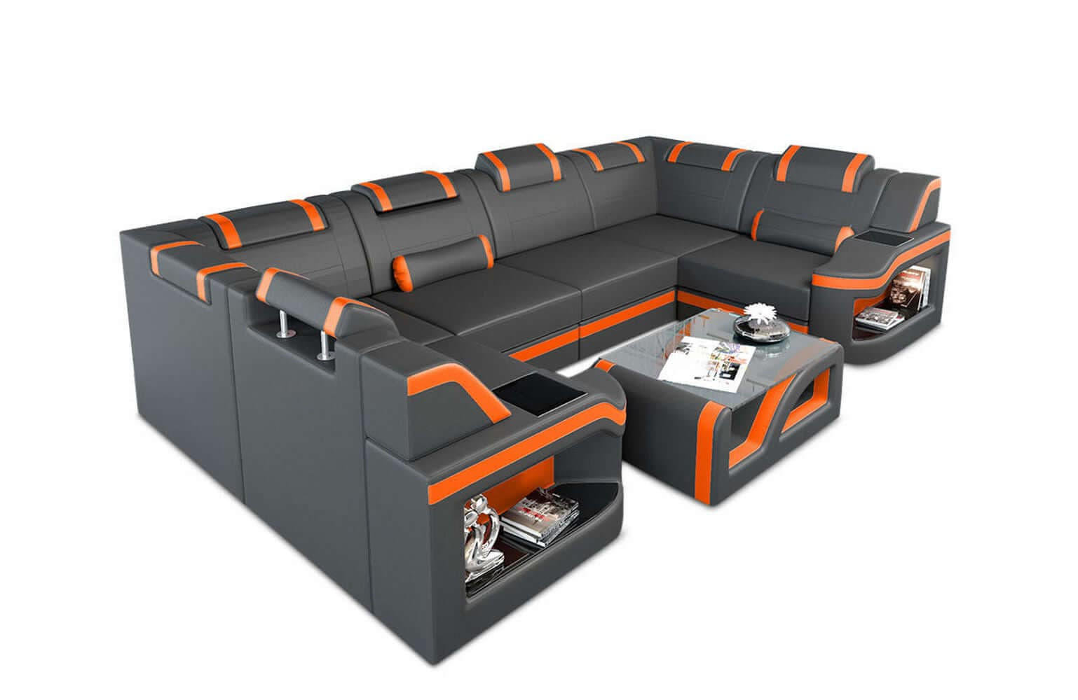 WOHNLANDSCHAFT Sofa Padua U Grau Orange Kunstleder - Grau, Textil (308/80/185cm)