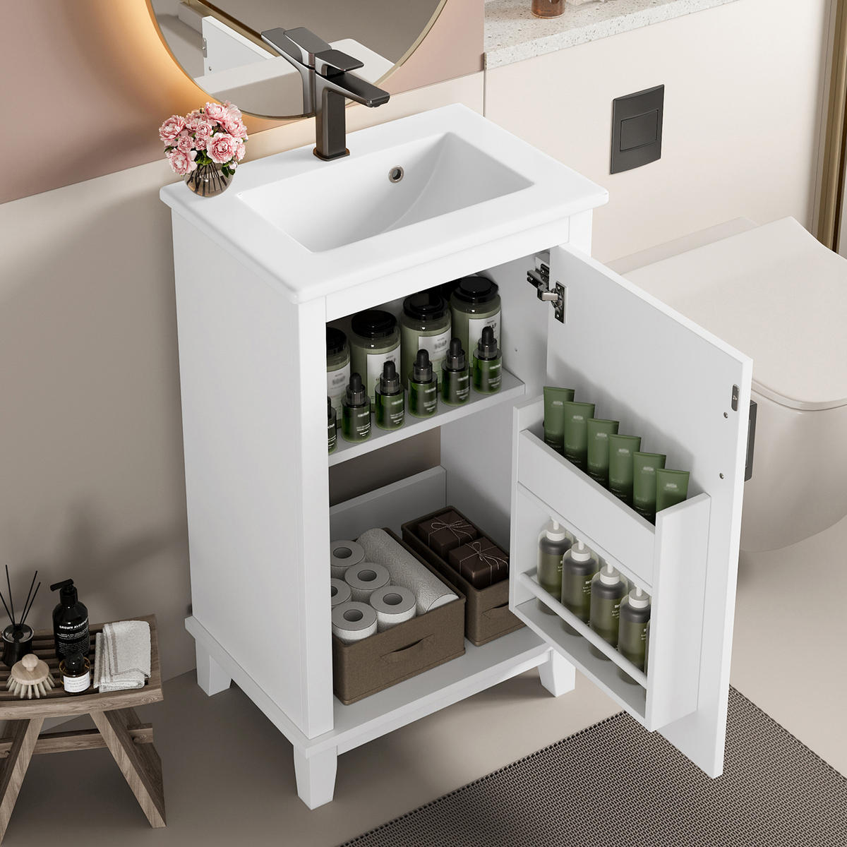 WASCHTISCHKOMBI 51x34x83cm in Weiß mit Keramikbecken & verstellbarem Regal - Weiß, Holzwerkstoff (51/83/34cm) - Modfu