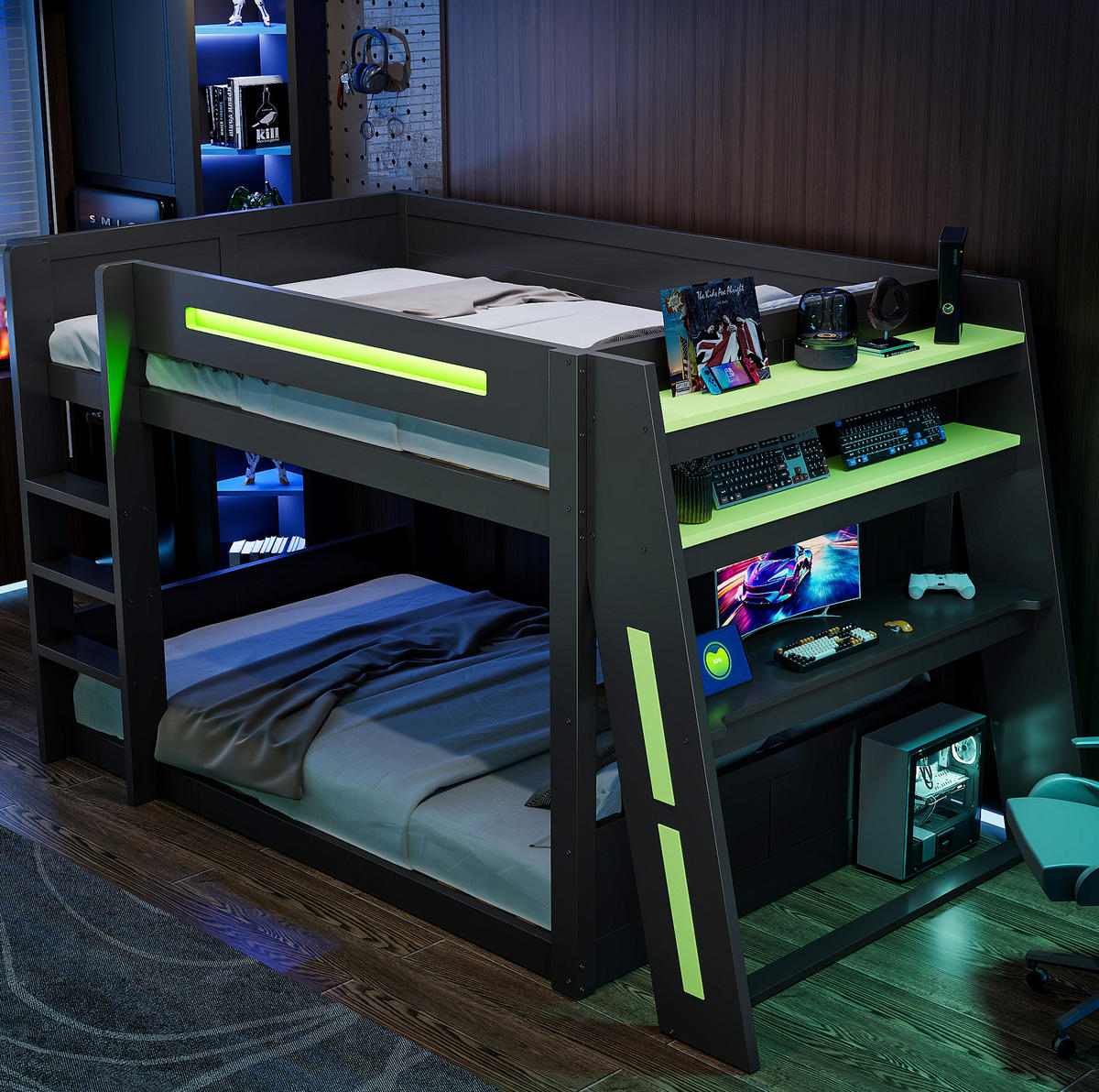 ETAGENBETT 140/200 cm schwarz/grün aus Kiefer und MDF mit Schreibtisch und LED - Schwarz, Holzwerkstoff (140/200cm) - OKWISH