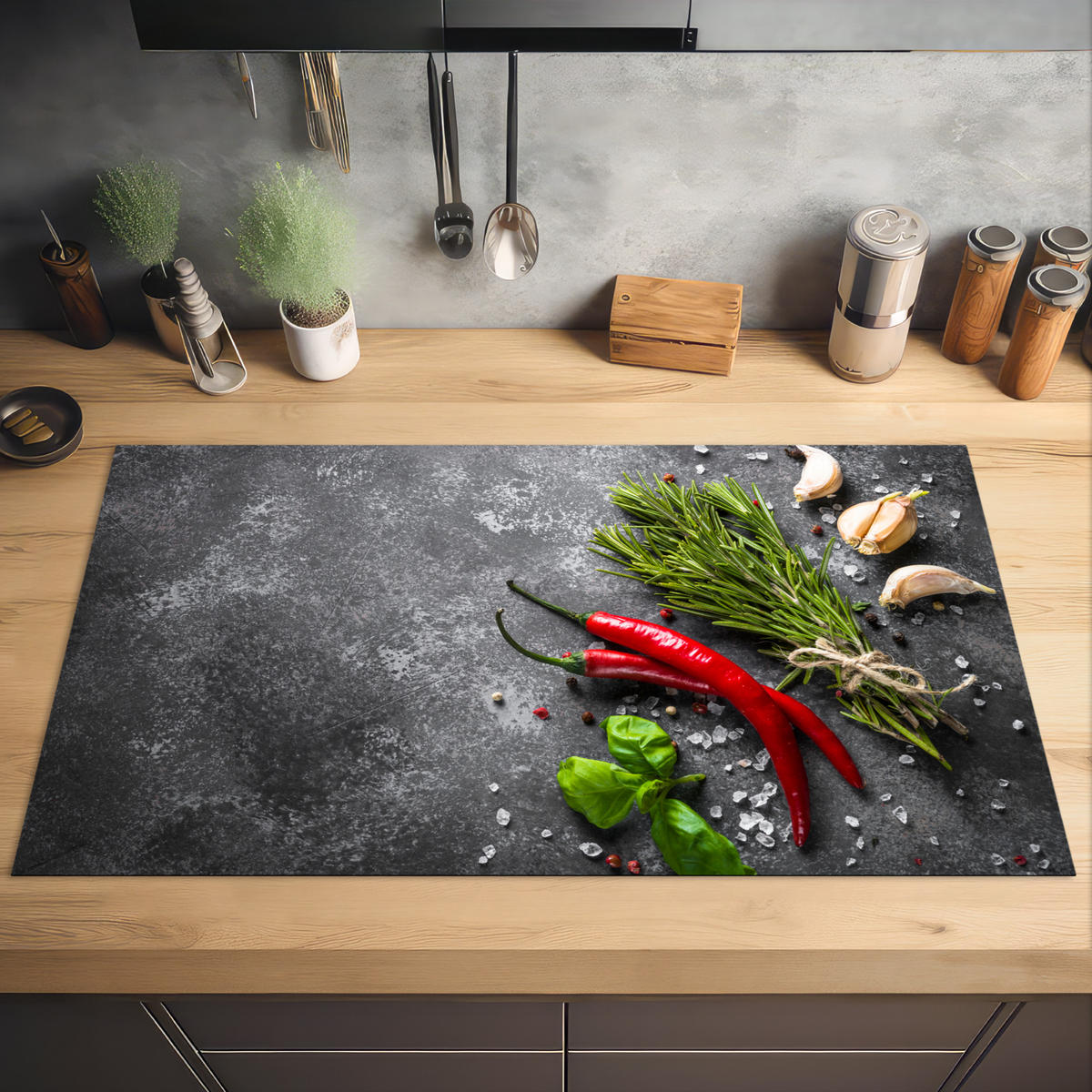 HERDABDECKPLATTE Pfeffer - Kräuter - Gewürze - Beton 91x52 cm - Rot, Kunststoff (91.2/0.2/52cm) - MuchoWow