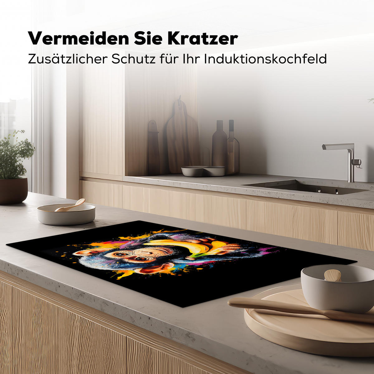 HERDABDECKPLATTE Affe - Graffiti - Farbenfroh - Bananen - Modern 91x52 cm - Gelb, Kunststoff (91.6/0.2/52.7cm) - MuchoWow