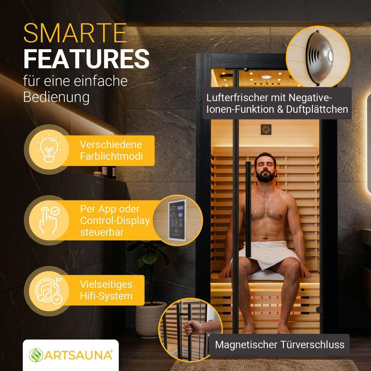 INFRAROTKABINE Trondheim90 natur mit Dual-Technologie & Hemlockholz - Schwarz, Holz (90/190/90cm) - Artsauna