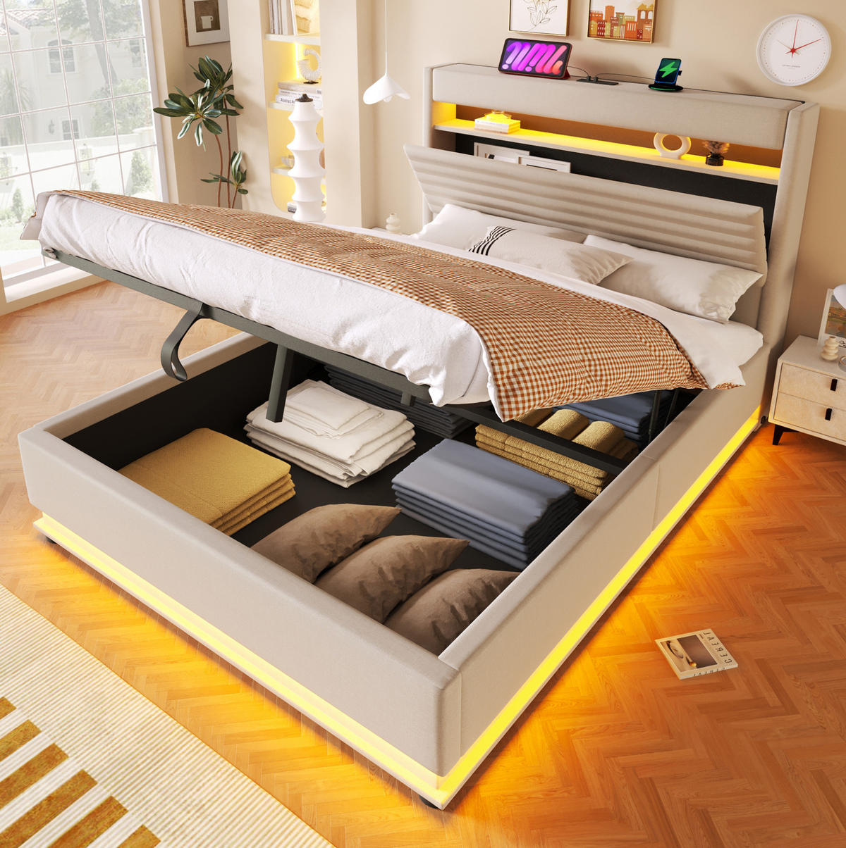 POLSTERBETT 140/200 cm in Beige mit LED-Beleuchtung und Stauraum - Beige, Textil (140/200cm) - Flora Grace