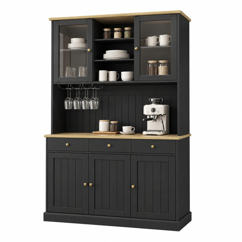 BUFFETSCHRANK mit Glastüren 120 x 40 x 191 cm MDF Schwarz mit Steckdosen - Schwarz, Holzwerkstoff (40/191/120cm) - Meubliv