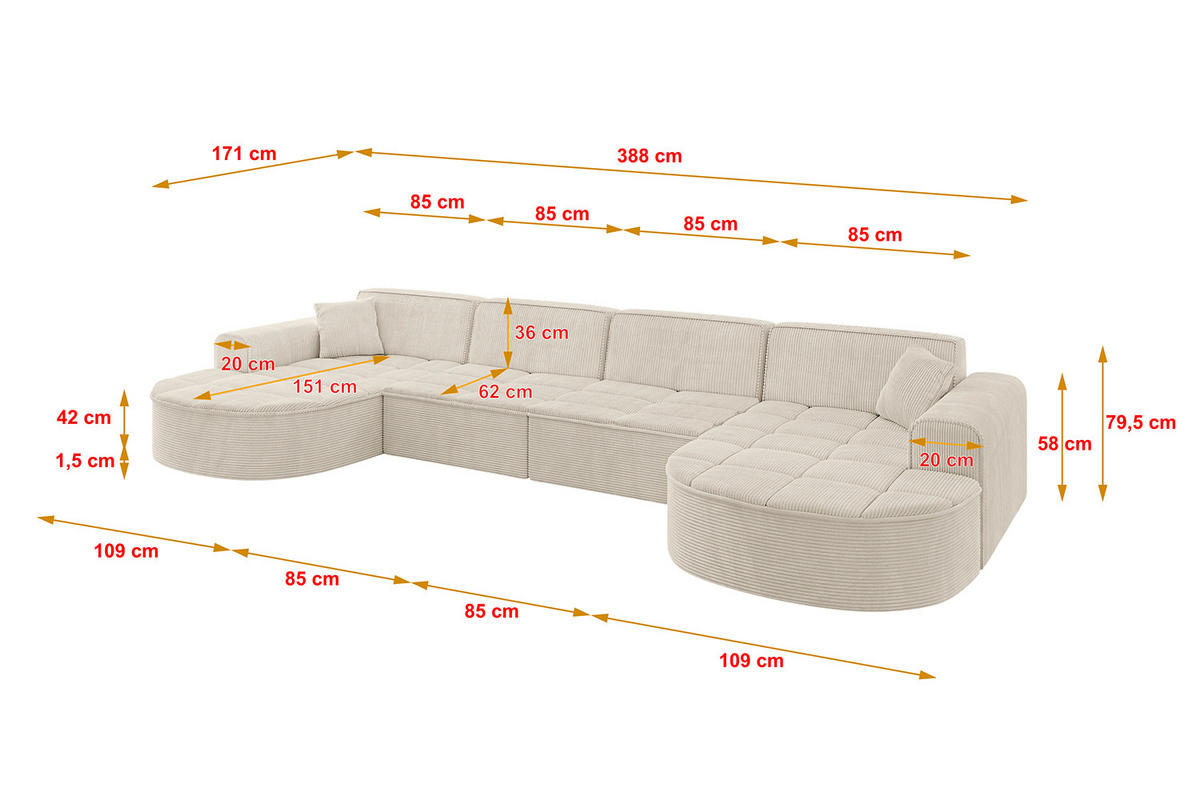 WOHNLANDSCHAFT TARO-U2 - 388x171x79,5 cm Beige - Beige, Holzwerkstoff/Textil (388/79.5/171cm) - ALTDECOR