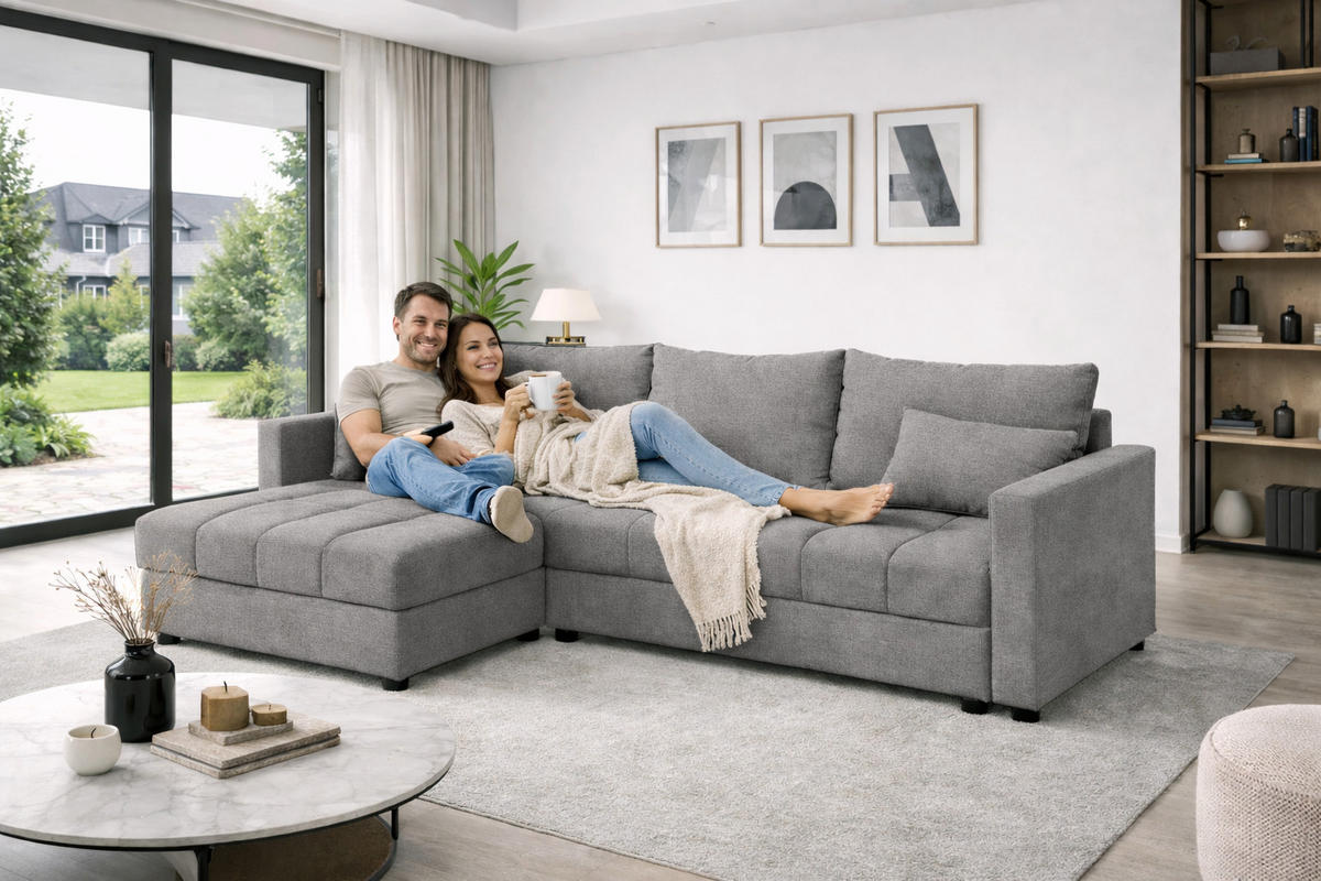 WOHNLANDSCHAFT AURELIA– Ecksofa in L-Form mit Schlaffunktion Bettkasten & Kissen Stoff KRONOS 226 cm Grau - Grau, Kunststoff (226/140cm) - Wohnideebilder