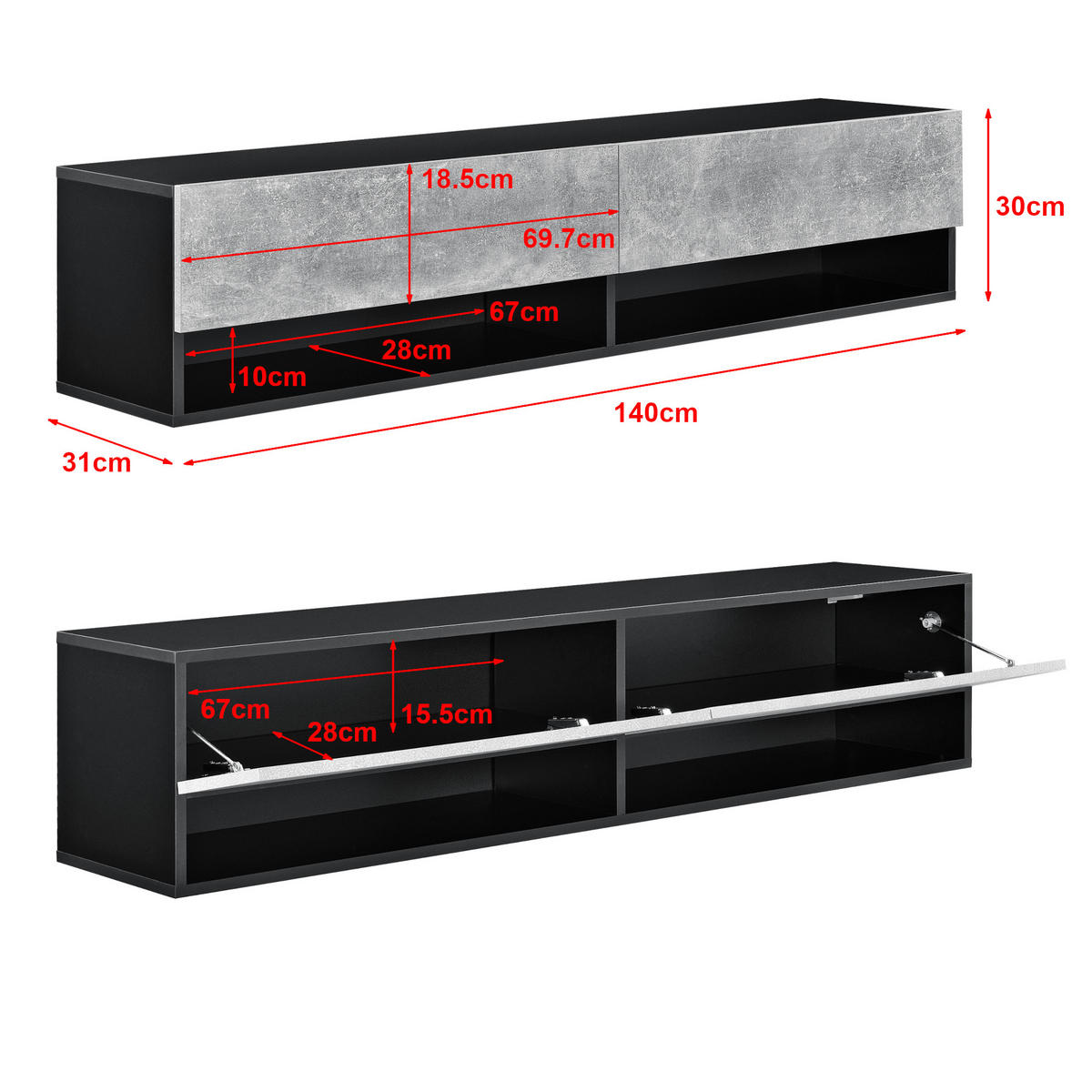 HÄNGELOWBOARD Halmstad - Schwarz/Grau, Holzwerkstoff (140/30/31cm) - [en.casa]