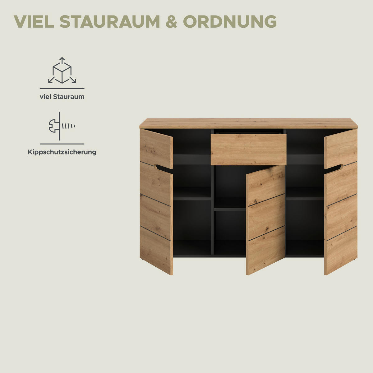 KOMMODE CANU (B/H/T: ca. 130/81/41 cm) in Basalt grau/Artisan Nachbildung - Grau, Holzwerkstoff (130/81/41cm)